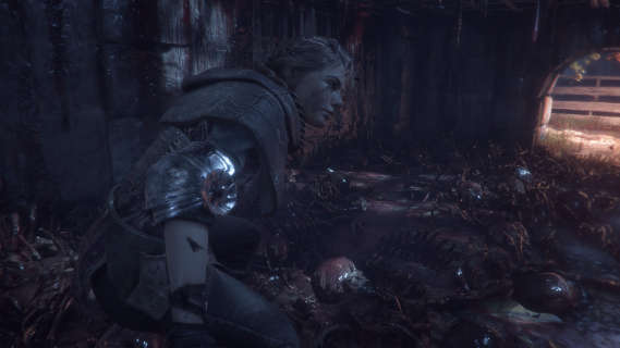 Amicia crawling through bones