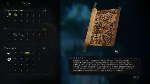 The Codex interface of <em>A Plague Tale</em>, showing a Gnostic scroll